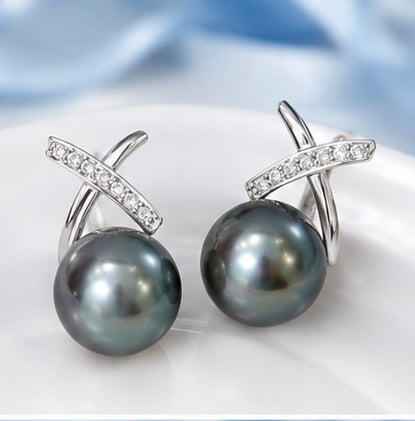 Silver Earrings with Large 9mm Tahitian Black Pearls – Elegant Sterling Silver Jewelry