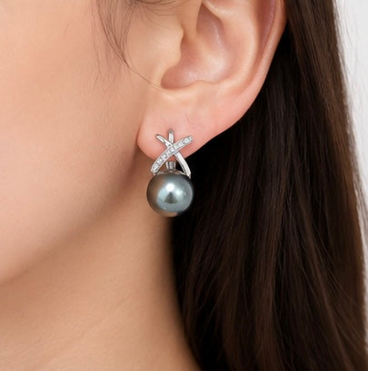 Silver Earrings with Large 9mm Tahitian Black Pearls – Elegant Sterling Silver Jewelry