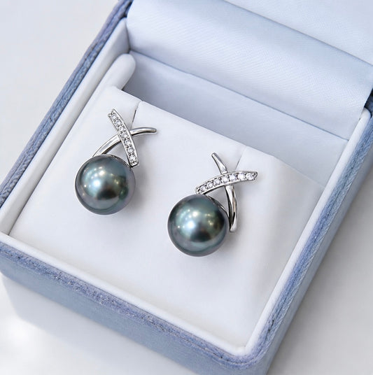 Silver Earrings with Large 9mm Tahitian Black Pearls – Elegant Sterling Silver Jewelry