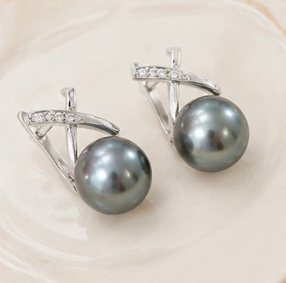 Silver Earrings with Large 9mm Tahitian Black Pearls – Elegant Sterling Silver Jewelry